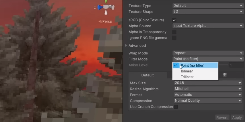 Configuración de importación de imágenes de Unity para una apariencia retro.