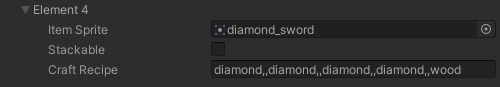 Objeto de diamante Receta de espada Unity Inspector